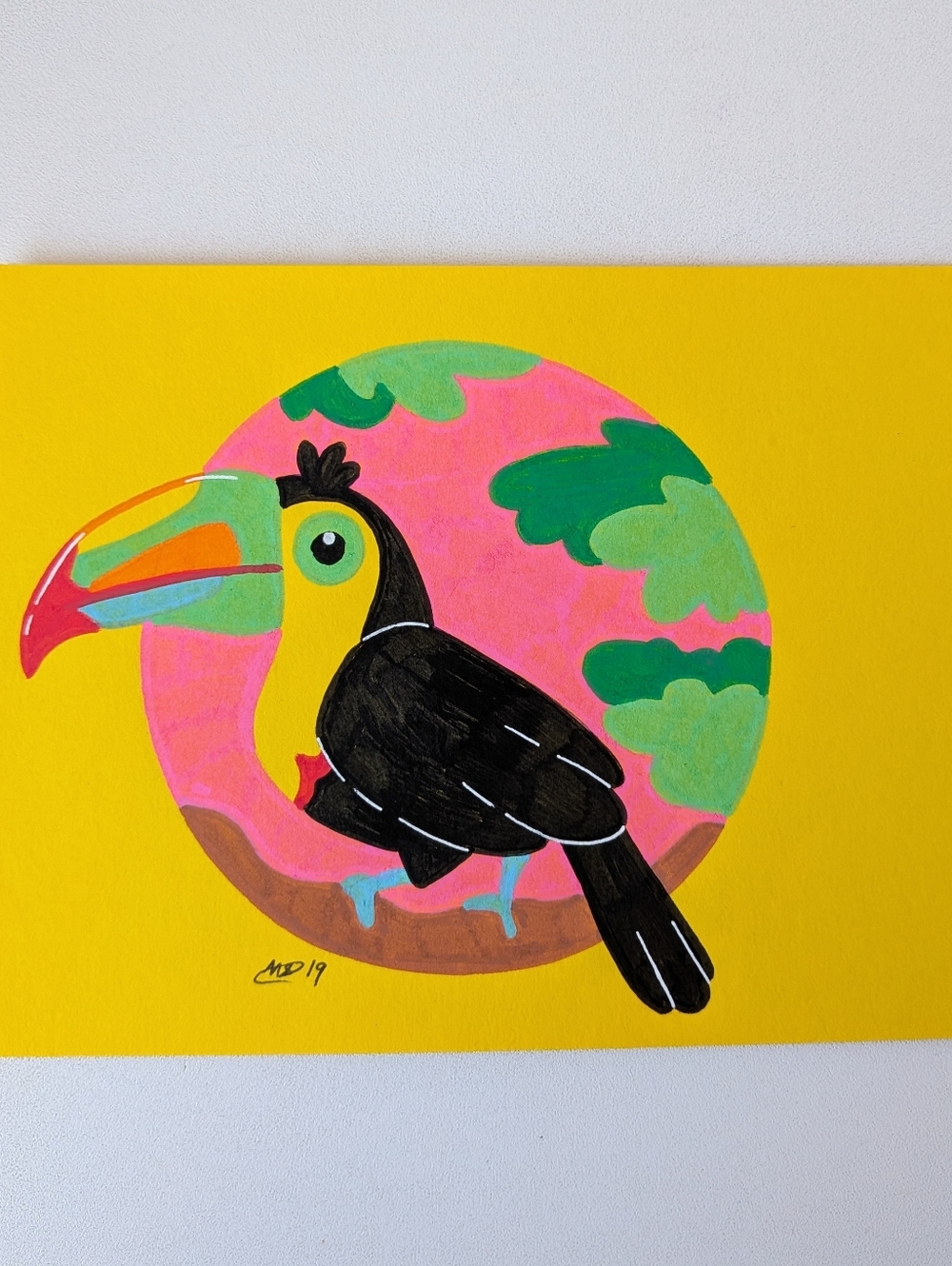 Original Vibrant Cute Cartoon Toucan 6.5×5 Acrylic Painting By Mattoodles